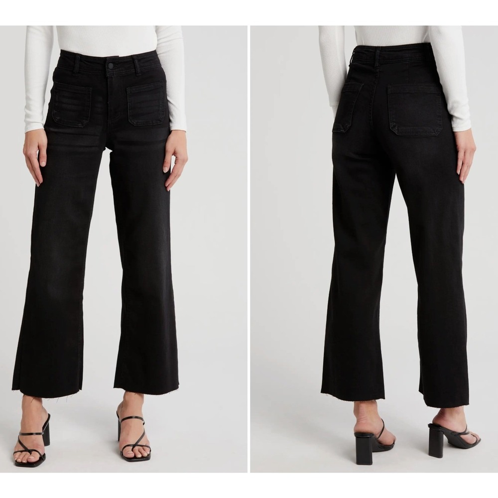 OAT Wide Leg High Waist Patch Pocket Jeans Womens 8/29 Black Raw‎ Hem Utility